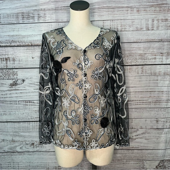 TC‎ Fashion Black Blue Metallic Floral Sheer Mesh Top Whimsigoth Medium VTG NEW - Picture 2 of 9